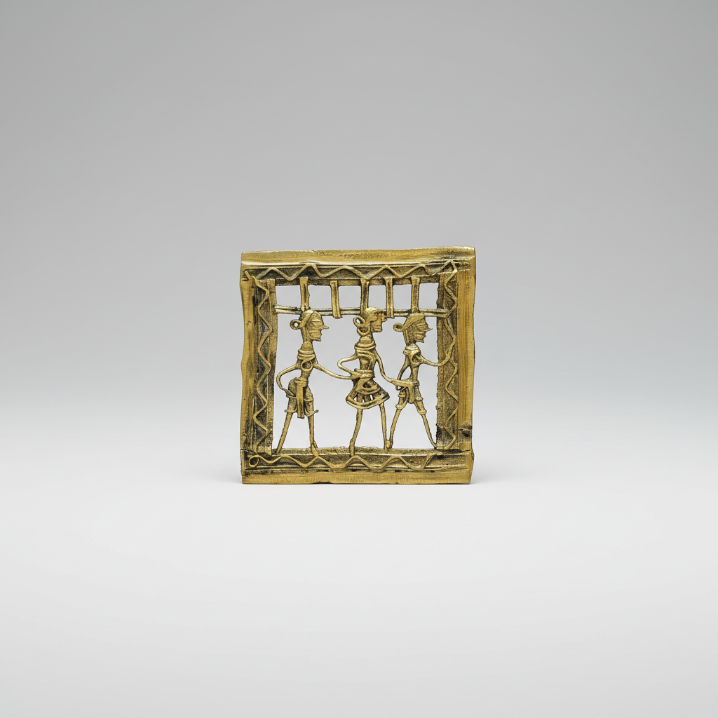A small square gold-toned brass decorative Dhokra piece featuring three stylized human figures inside an openwork frame, photographed against a clean light gray studio background.