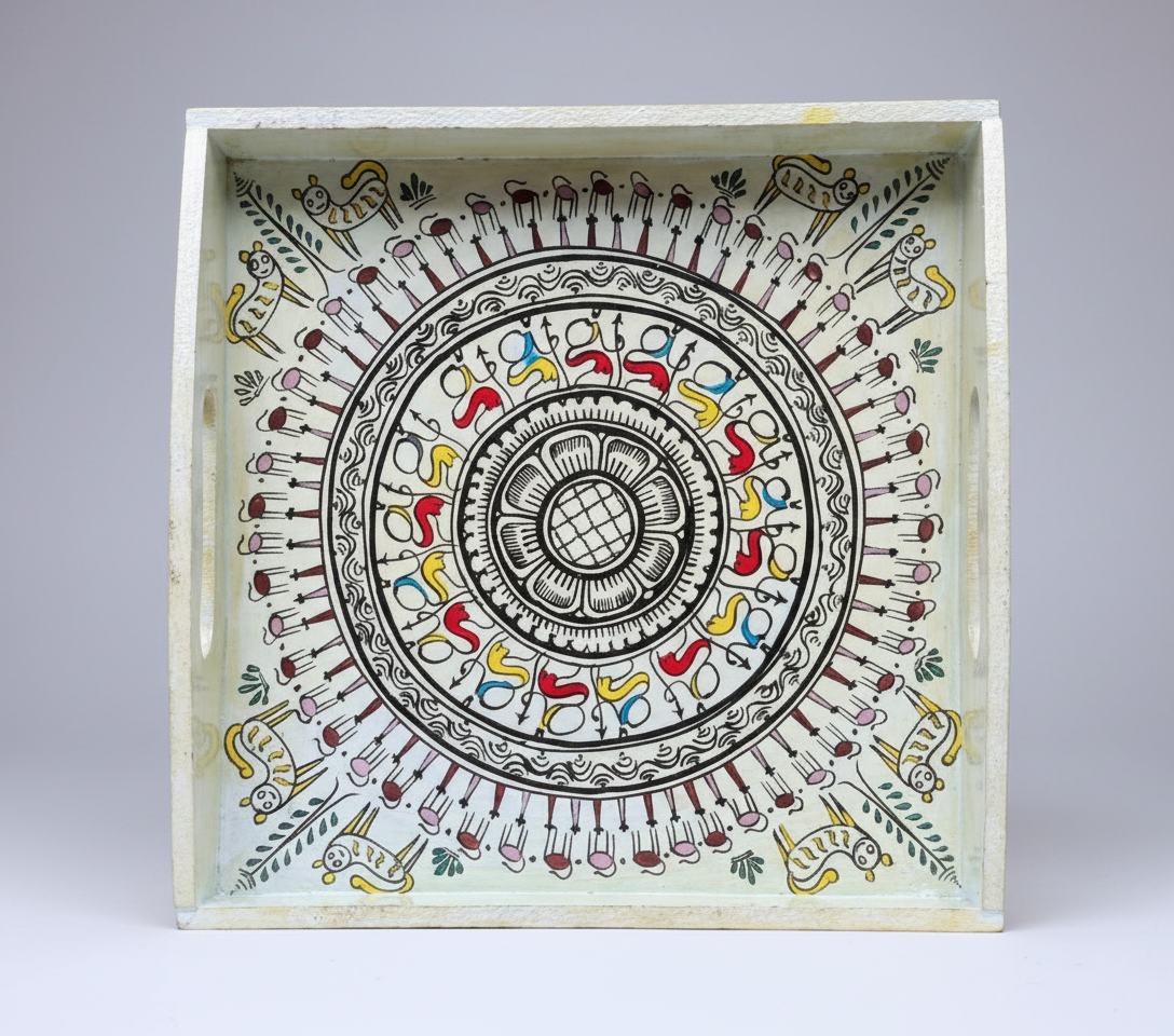Decorative wooden tray with a colorful circular design on a white background