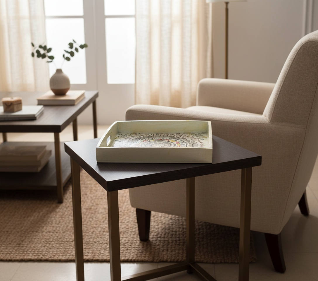 Living room with a beige armchair, coffee table, and decorative items.