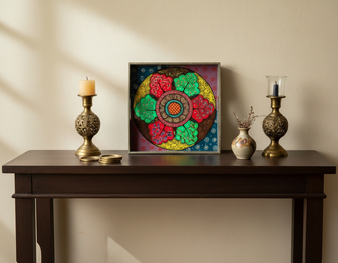 Decorative table with a colorful mandala painting, candles, and vases against a beige wall.