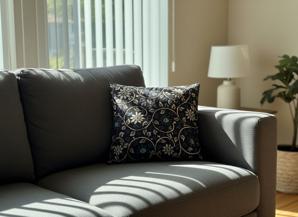Decorative pillow on a table with floral tablecloth.