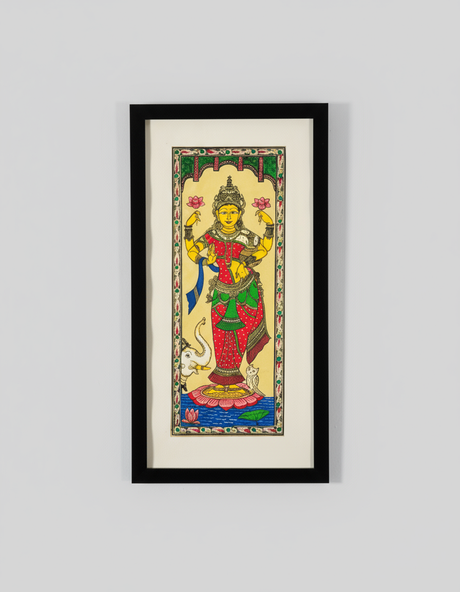 Framed artwork of a colorful deity on a light gray background