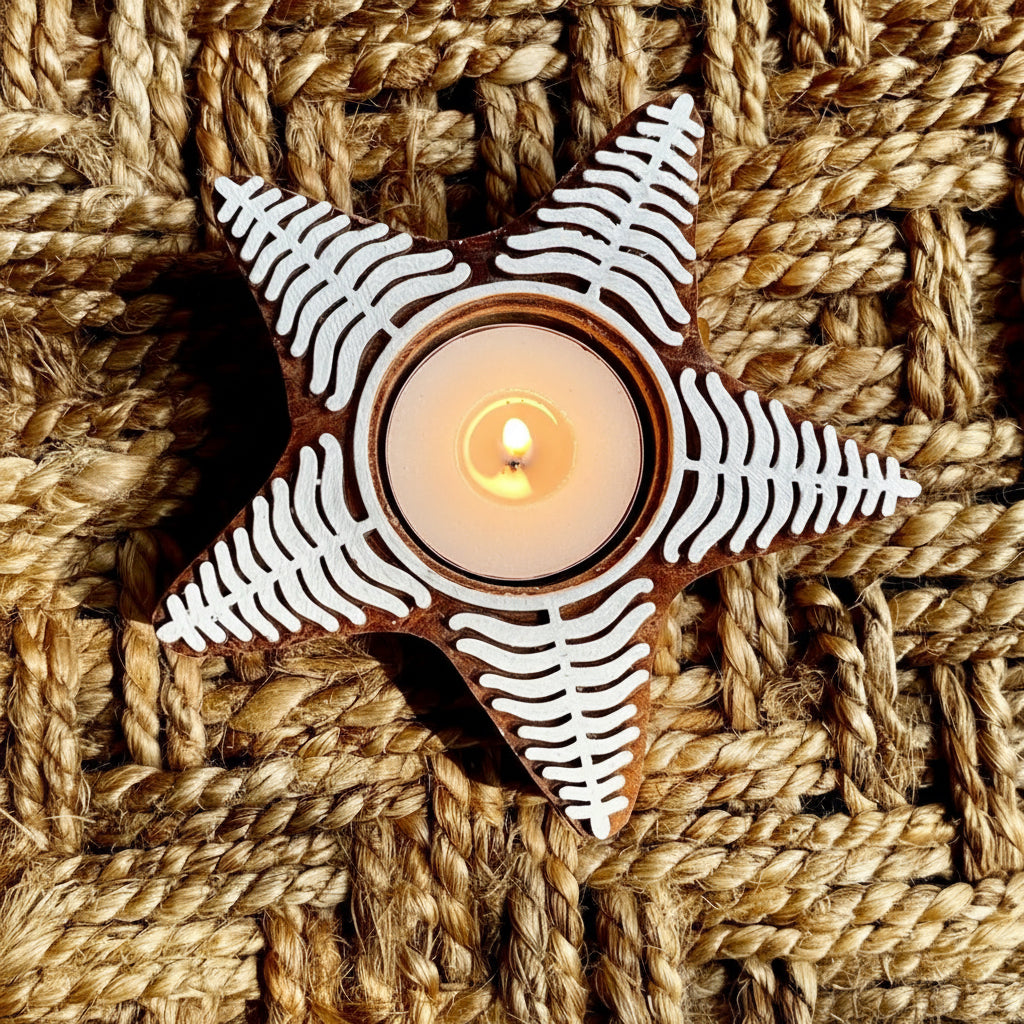 Star-shaped wooden candle holder with white patterns on a woven surface