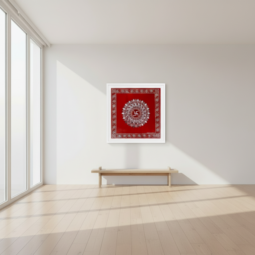 Red tapestry with white design on a wall in a minimalistic room with wooden floor and large windows.
