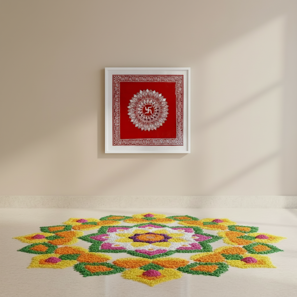 Colorful floral design on a floor with a framed red artwork on the wall.