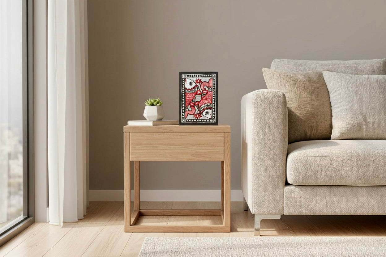 Modern living room with a beige sofa, wooden side table, with Madhubani art painting on the side table.