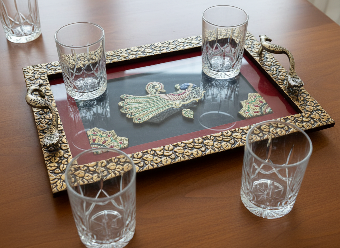 Decorative tray with peacock design and four glasses on a wooden surface