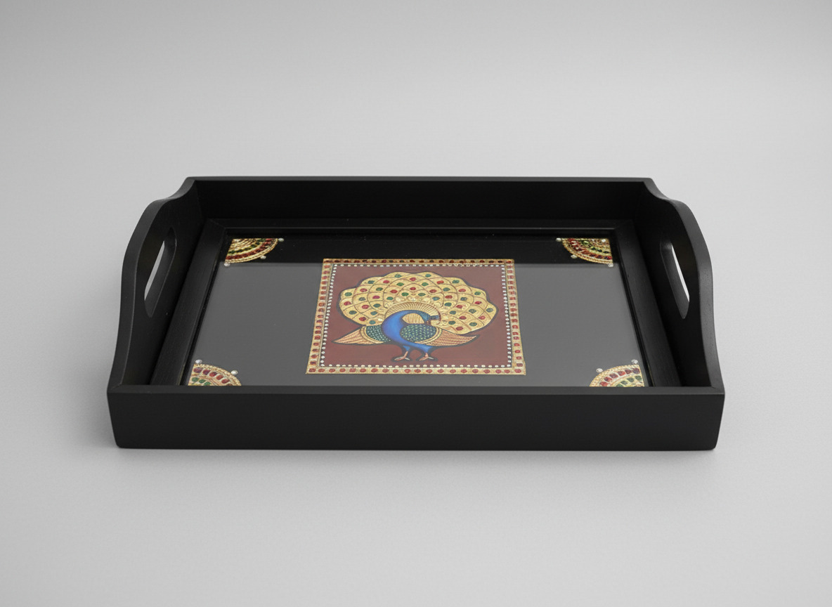 Black tray with decorative peacock design on a gray background