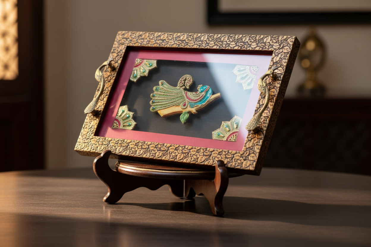Decorative frame with Tanjore gold foil work, with a colorful figurine on a stand