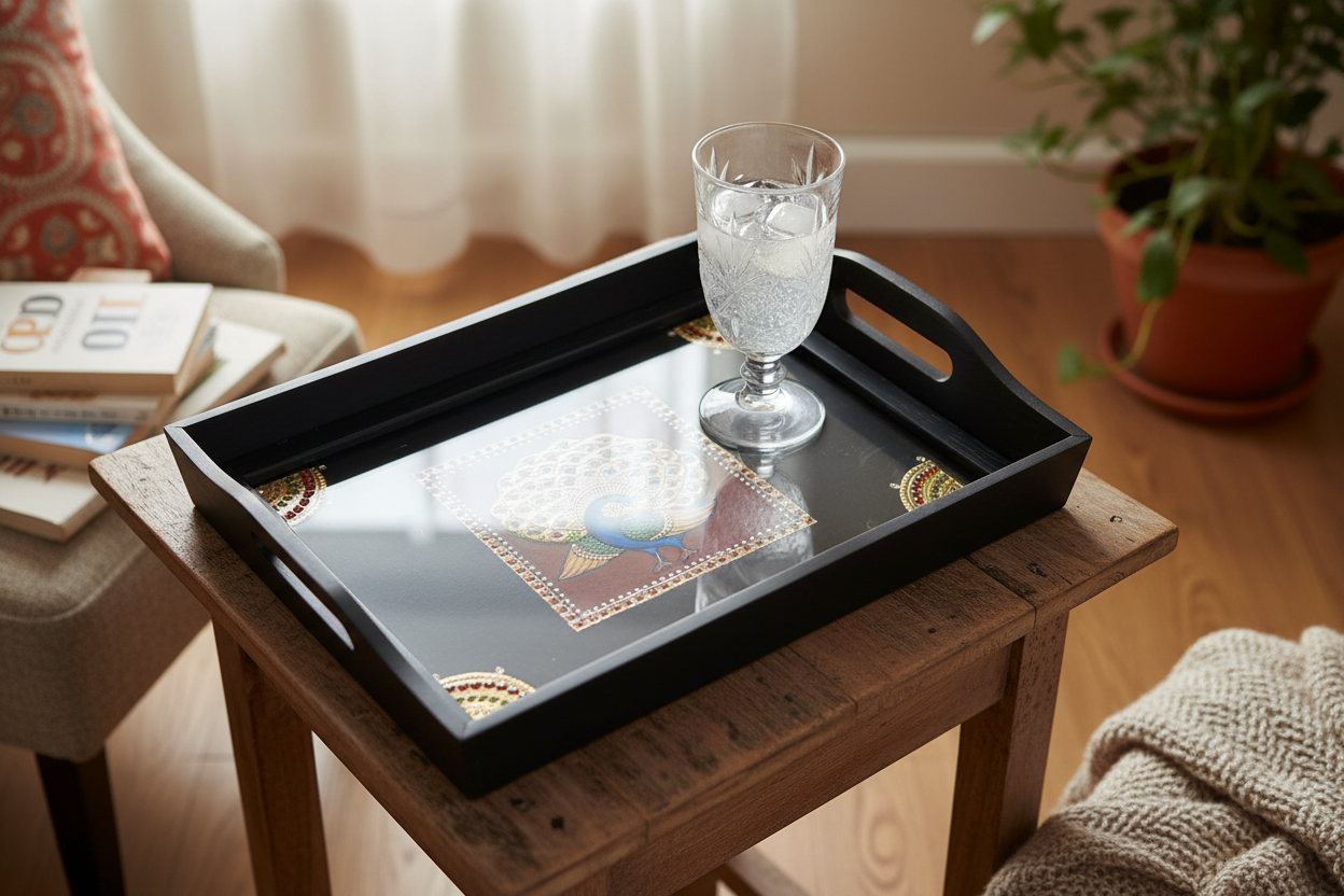 Black tray with Tanjore gold foil work, with a glass of water on a wooden table in a cozy room.