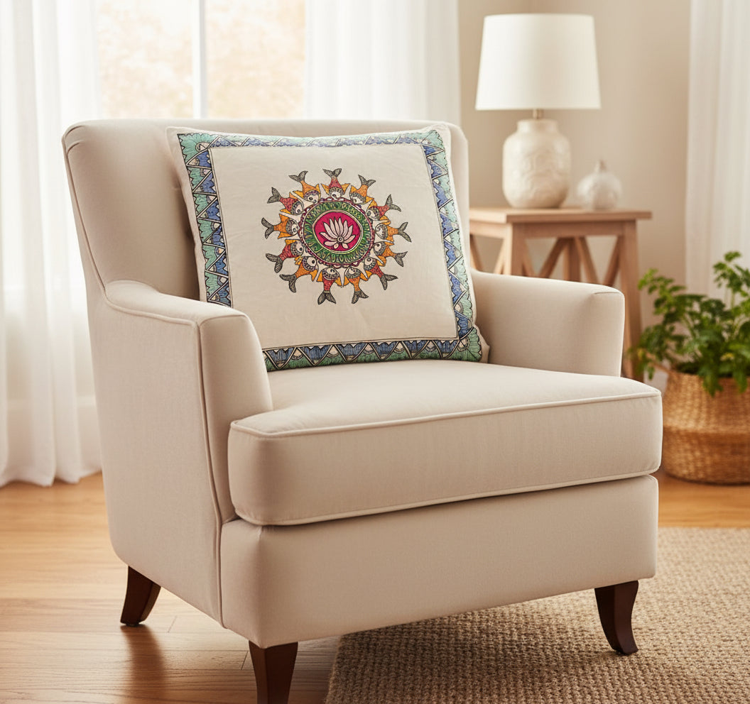 Decorative square cushion cover with a colorful mandala Madhubani art design with lotus on a wooden surface