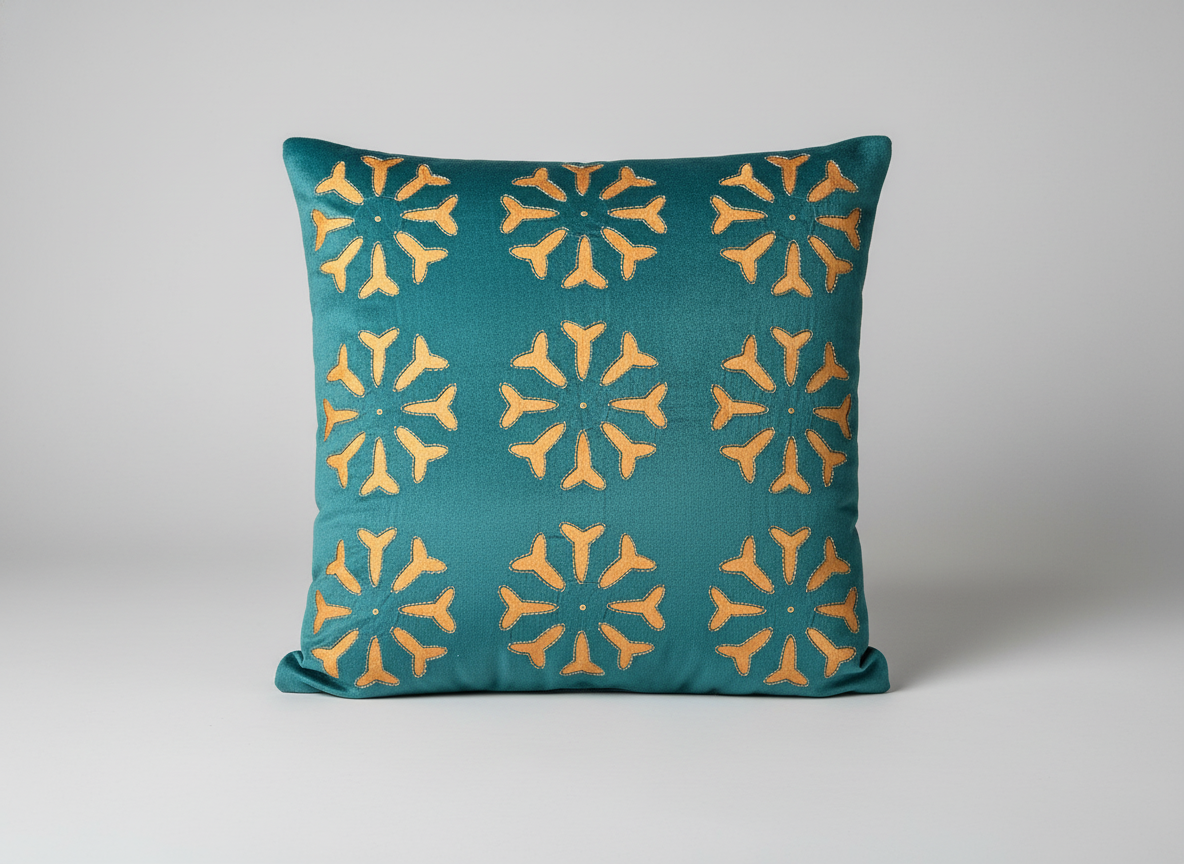 Teal pillow with orange geometric pattern on a light gray background