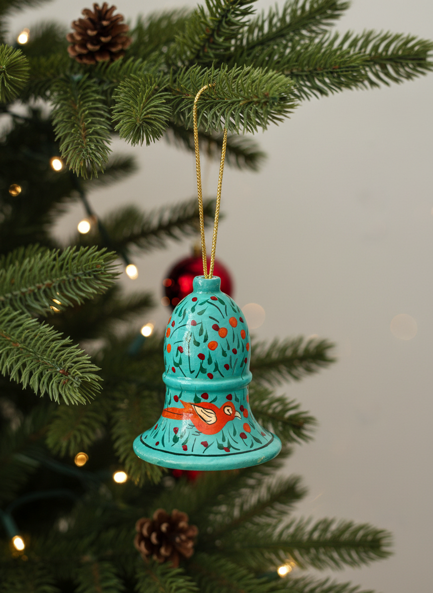 Turquoise bell ornament with red accents hanging on a Christmas tree.