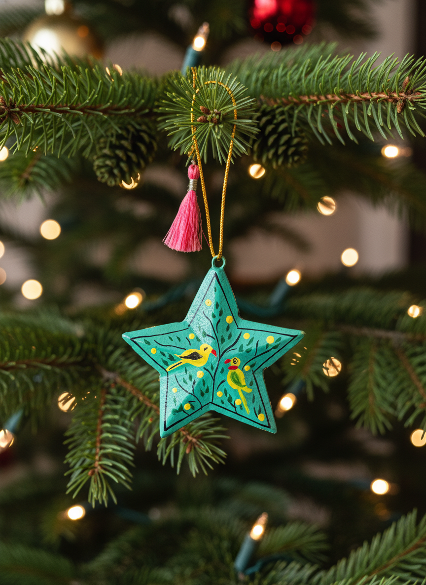 Decorative star ornament with a bird design hanging on a Christmas tree.