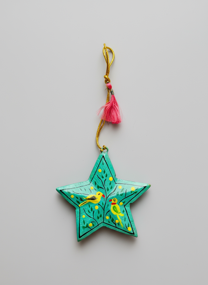 Decorative star-shaped keychain with birds on a gray background