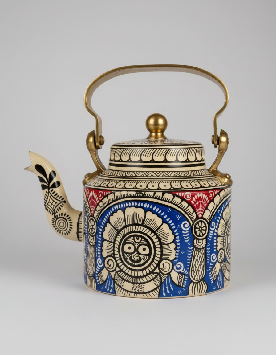 Decorative teapot with intricate patterns on a gray background