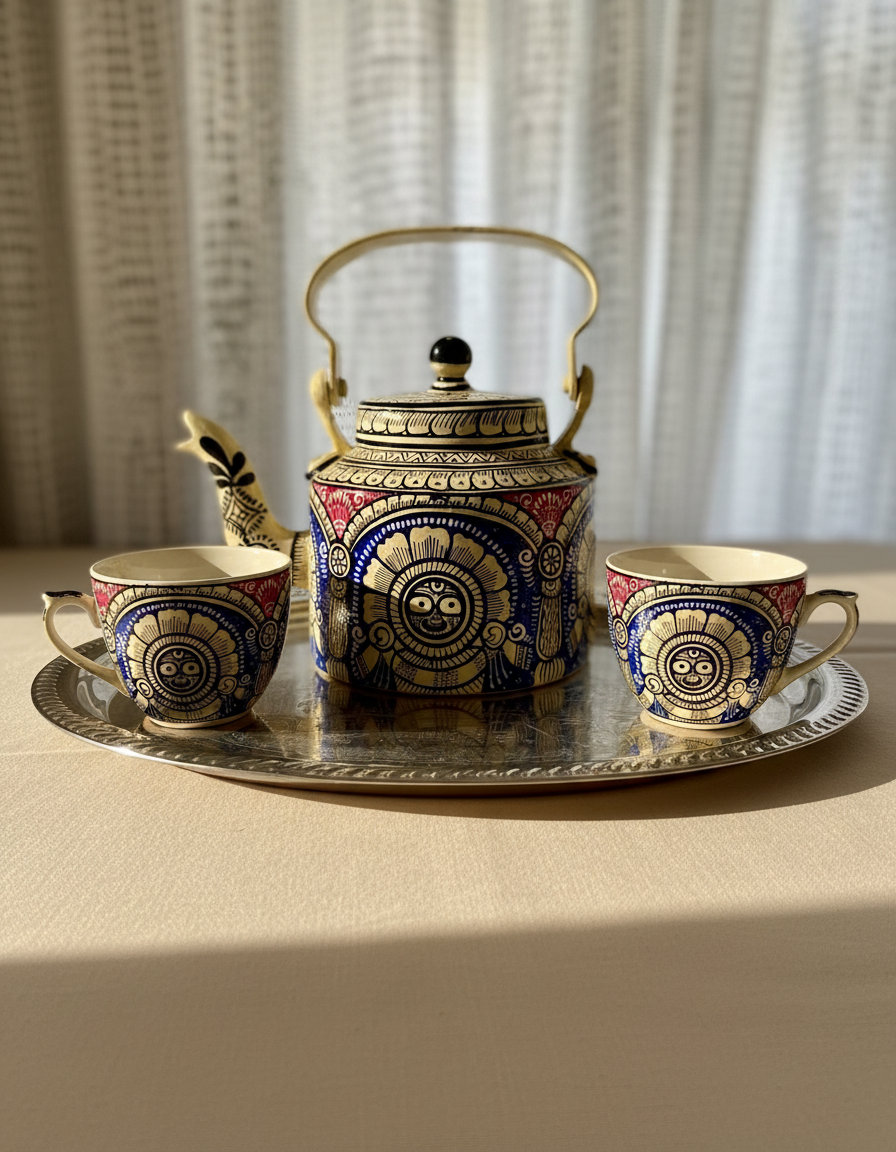 Decorative tea set with a teapot and two cups on a tray against a neutral background