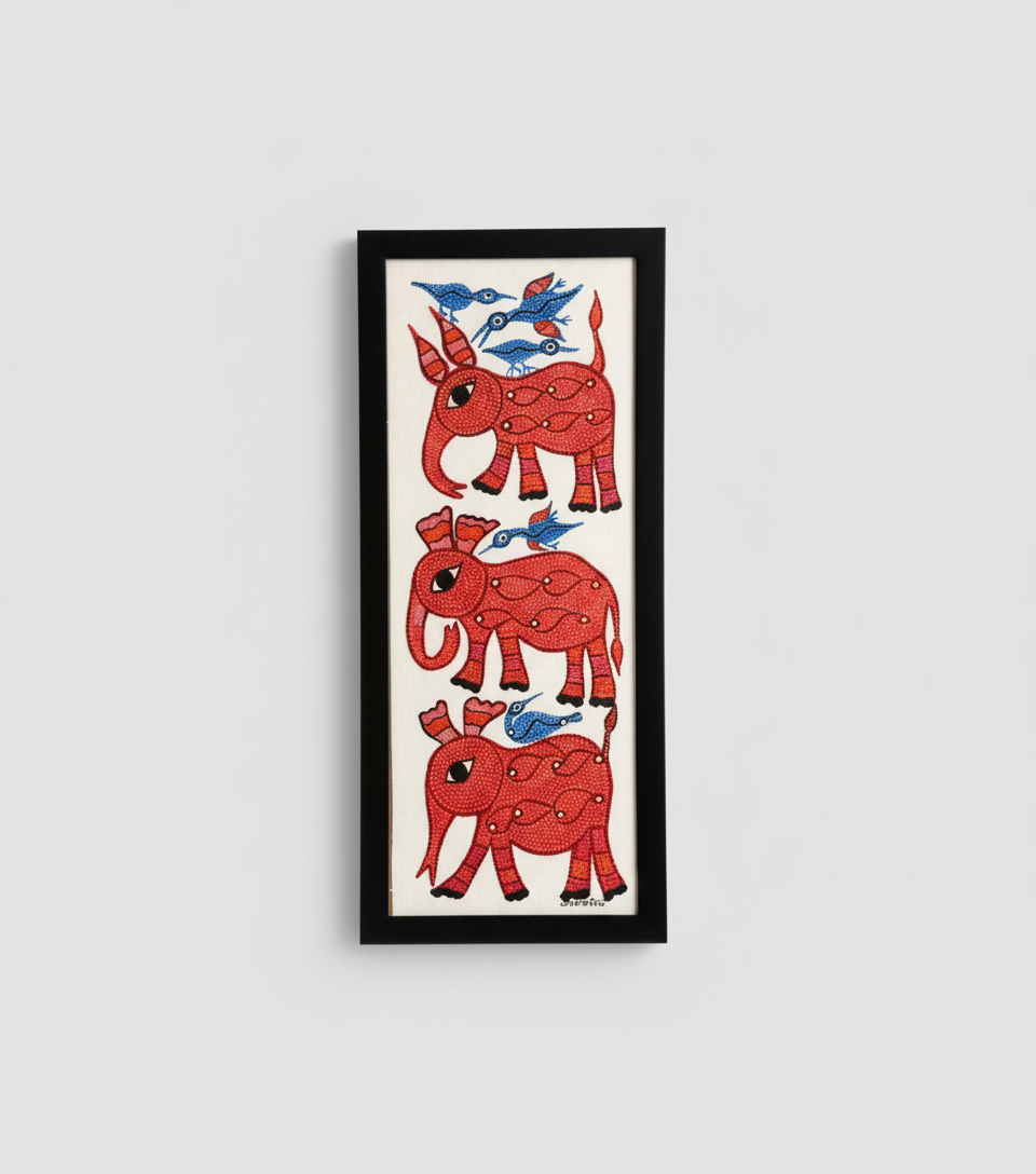 Framed artwork with red elephants and blue birds on a white background