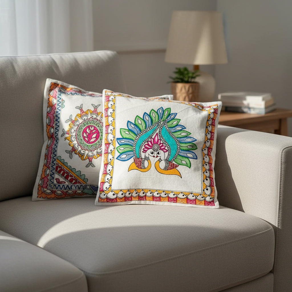 Decorative cushion covers with colorful Madhubani art bird design on a chair