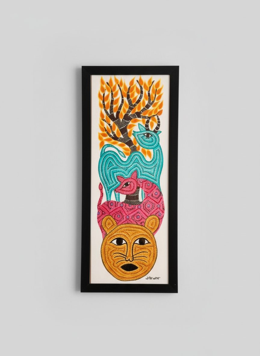 Framed artwork with colorful abstract design on a gray background