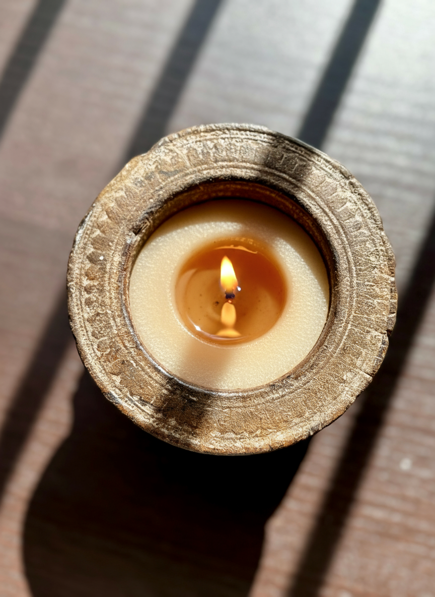Candle in a decorative holder with a flame on a wooden surface