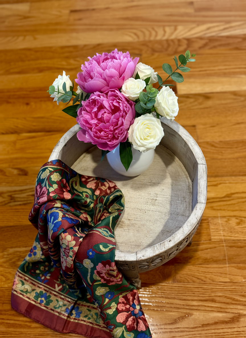 Decorative bowl with pink and white flowers and a colorful fabric on a wooden surface