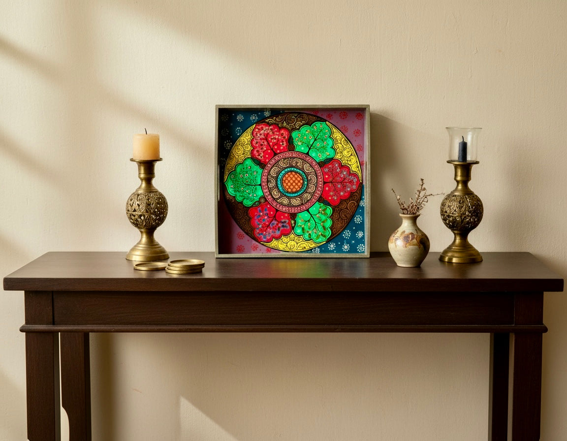 Decorative table with a colorful circular Pattachitra artwork, candles, and vases against a beige wall.