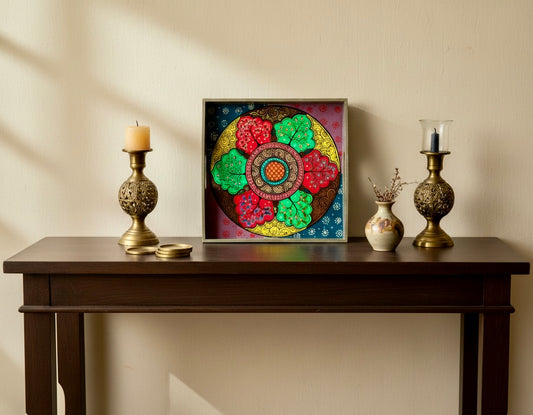 Decorative table with a colorful circular Pattachitra artwork, candles, and vases against a beige wall.