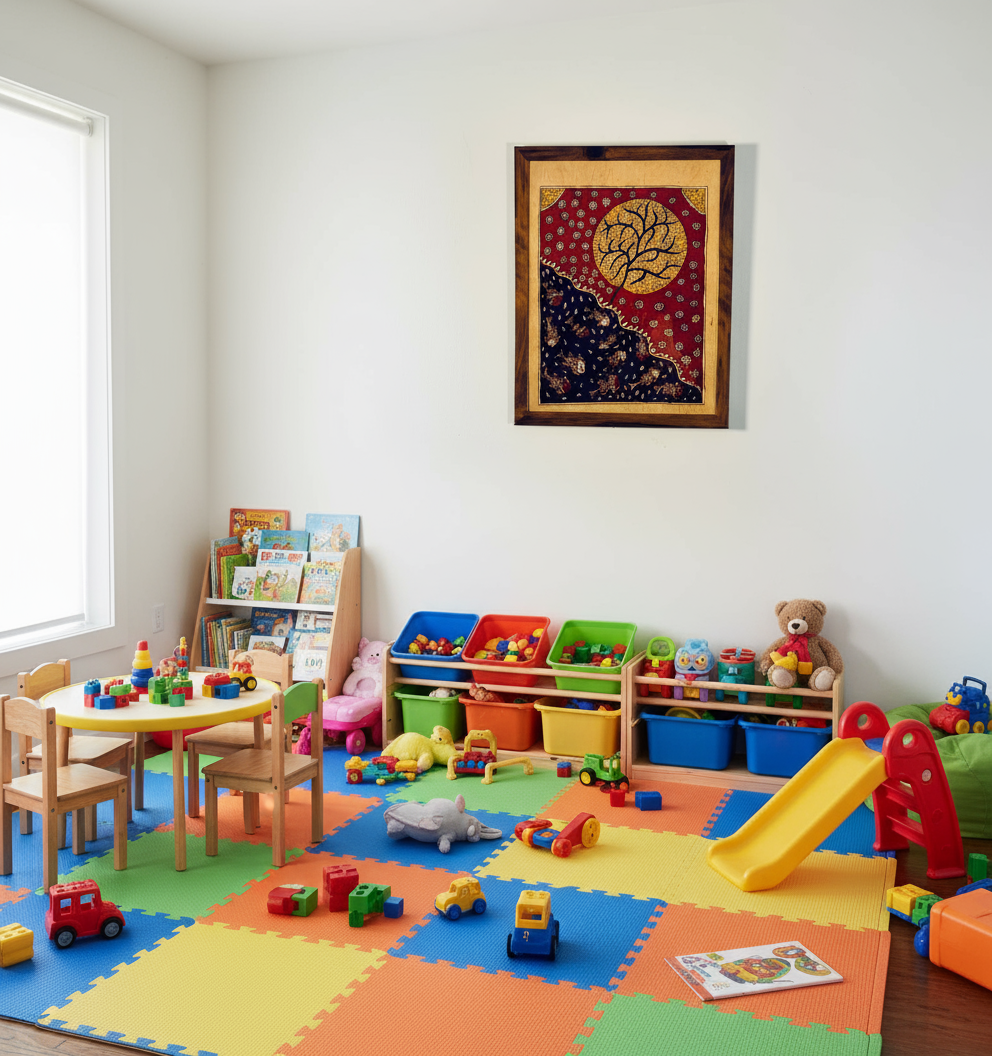 Children's playroom with colorful toys and furniture on a foam puzzle floor.