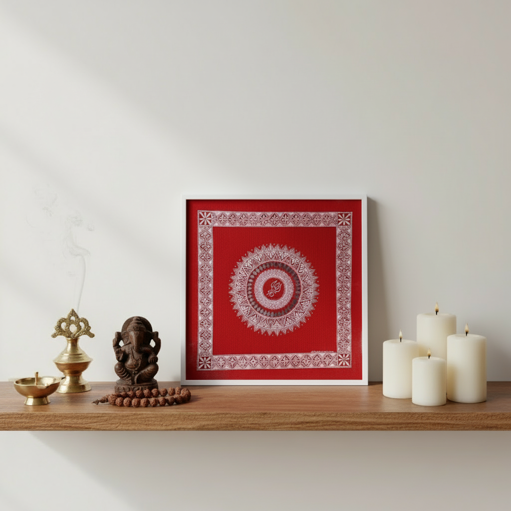 Framed red and white mandala art on a wooden shelf with decorative items.