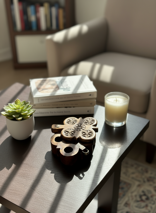Decorative items on a coffee table including a wood box with four holes, books, a candle, and a small plant.