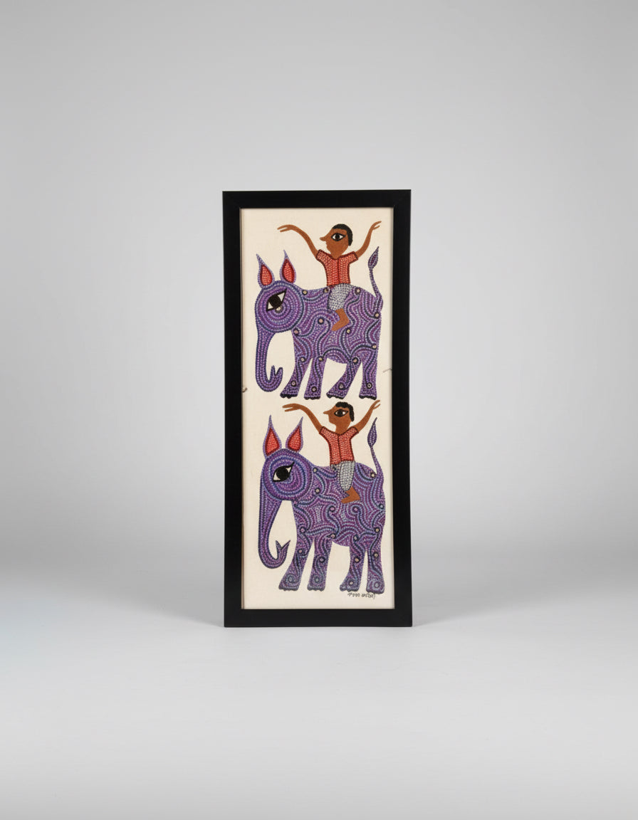Framed artwork of two purple elephants with riders on a white background