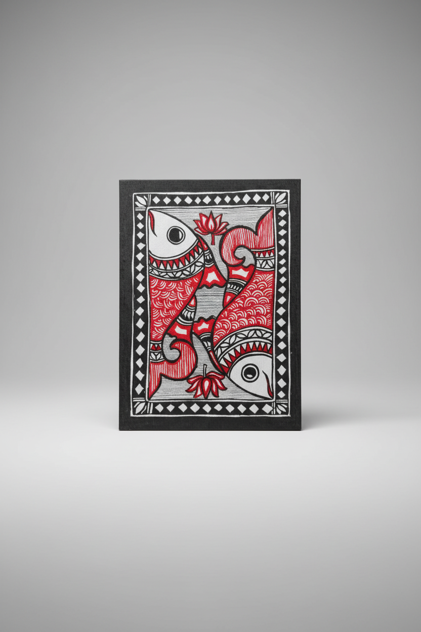 Decorative card with red and black design on a gray background