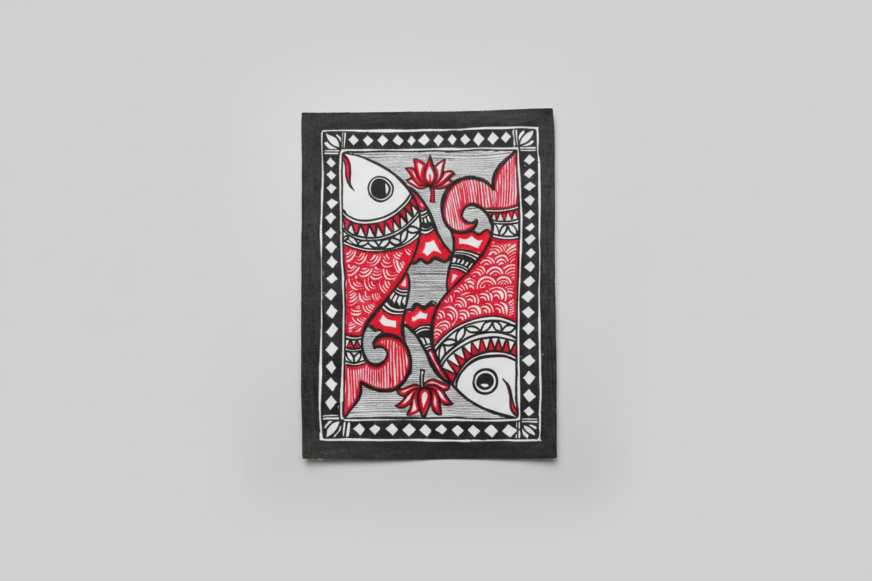 Decorative Madhubani art with a red and black fish design on a gray background