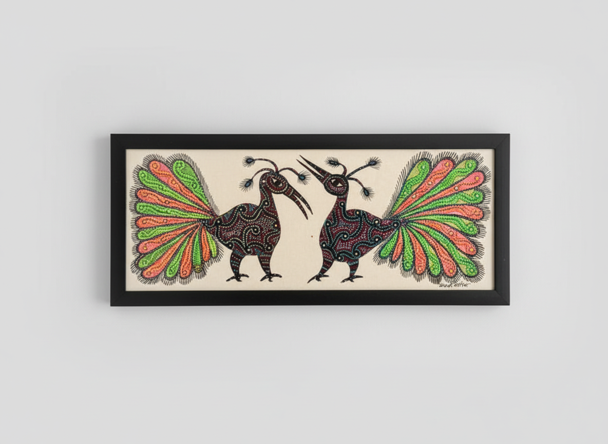 Framed artwork of two stylized birds with colorful tails on a plain background