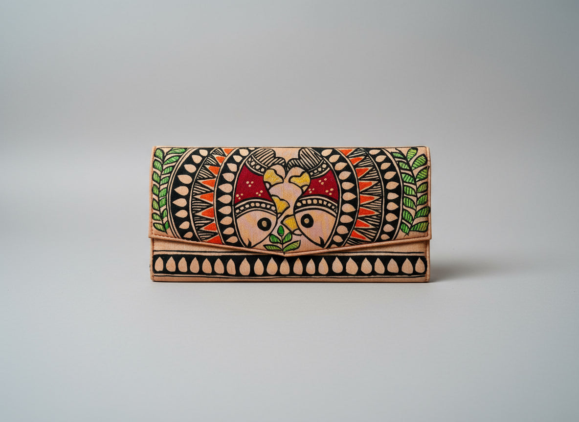Decorative clutch bag with Madhubani hand painted pattern of two fishes on a textured woven surface