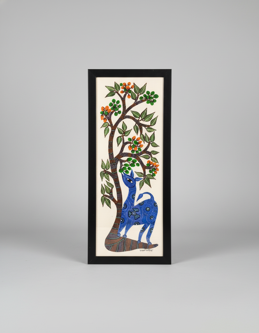 Framed artwork with a blue deer and tree design on a gray background