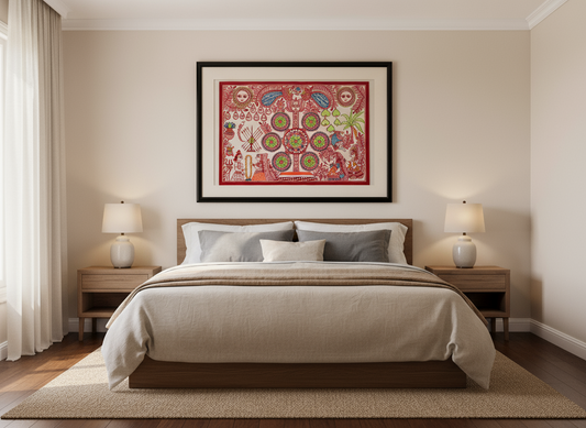 Large artwork in red and white Madhubani style over a neatly made bed in a bedroom with decorative wall art and lamps.