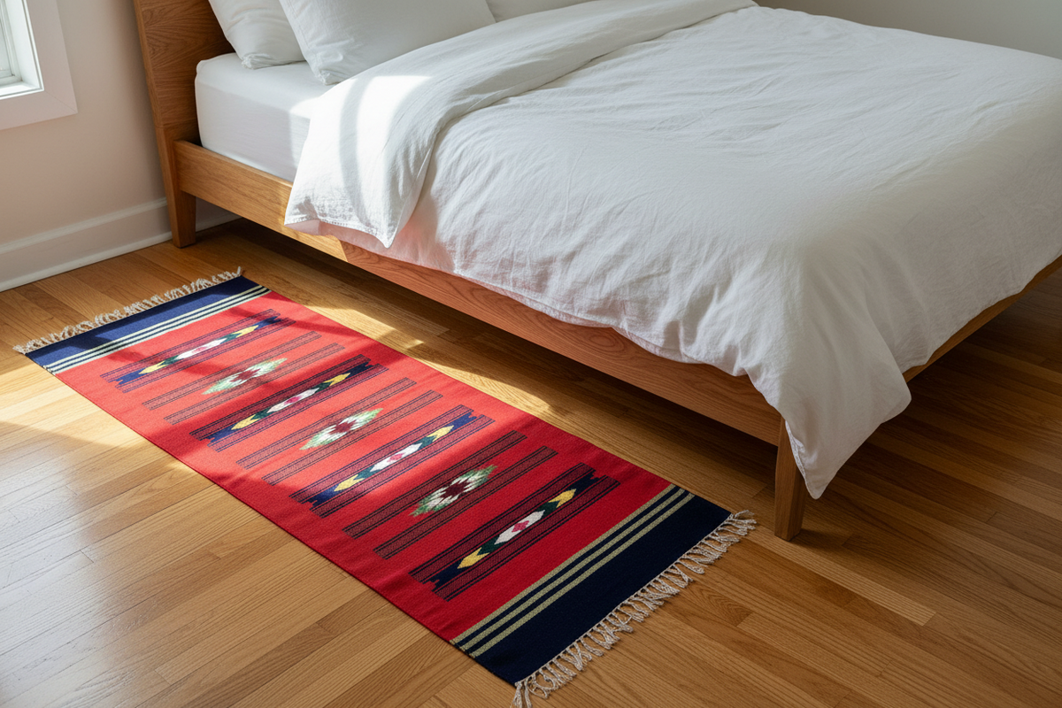 A red woven Warangal runner rug with geometric patterns and fringe, styled on a light wood floor next to a bed with white bedding in a bright bedroom.