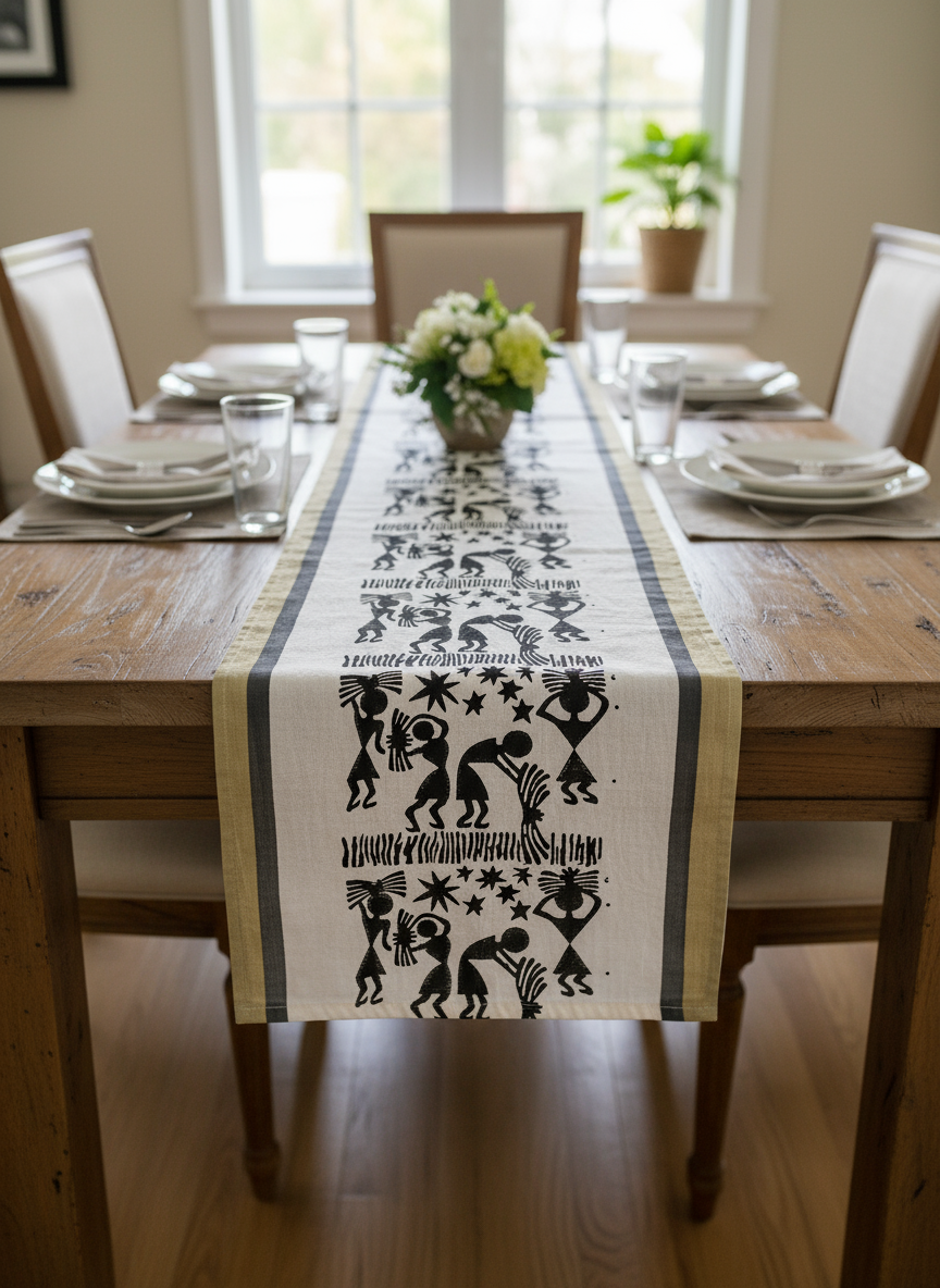 Dining table set with a decorative table runner featuring black silhouettes on a wooden table.