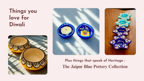 Promotional image for Diwali with Jaipur Blue Pottery Collection, featuring ceramic items on a light pink background.
