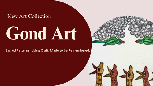 Advertisement for Gond Art collection with stylized animals and text on a red and beige background.