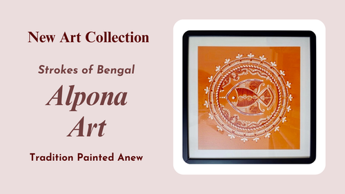 Advertisement for Alpona Art with a framed artwork on an orange background