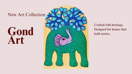 Gond art design featuring a green elephant with blue flowers on a beige background, text about a new art collection.
