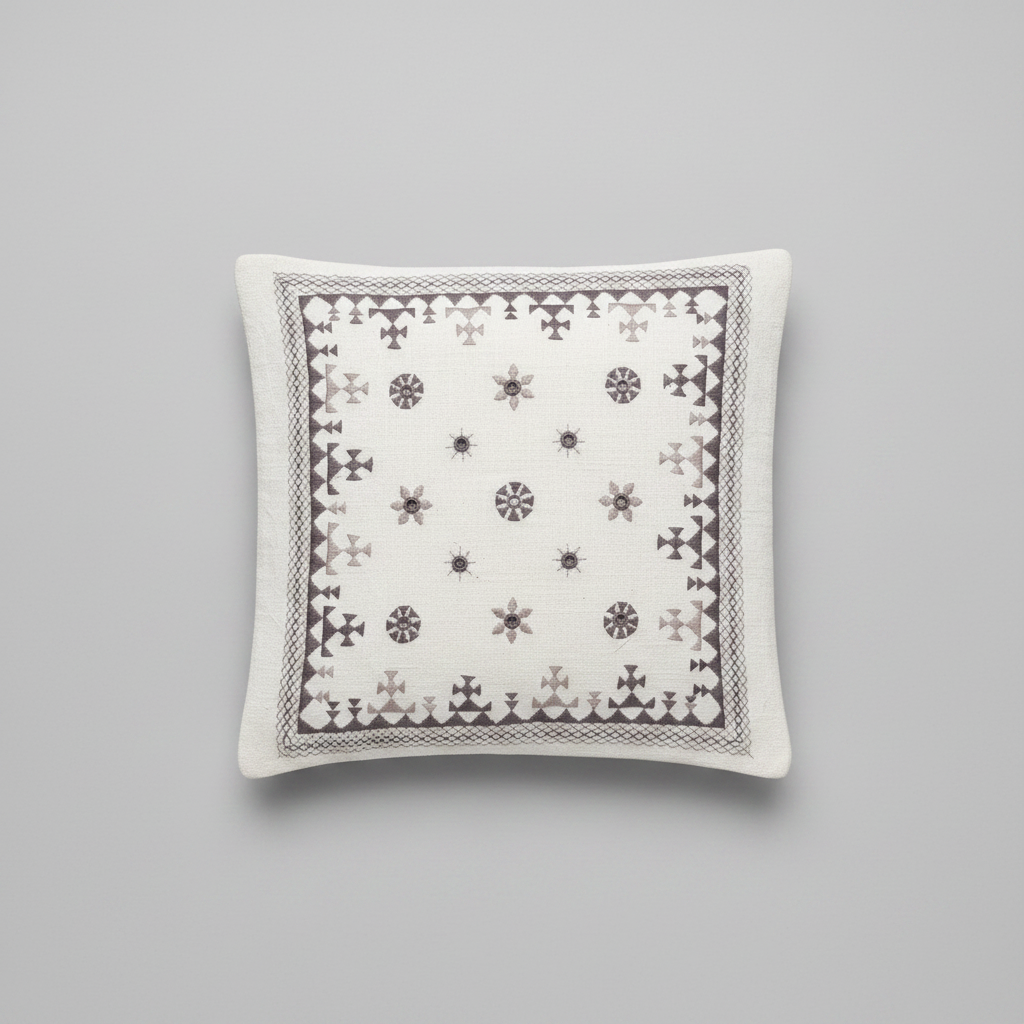 Decorative pillow with geometric Kutchi embroidery pattern on a gray background