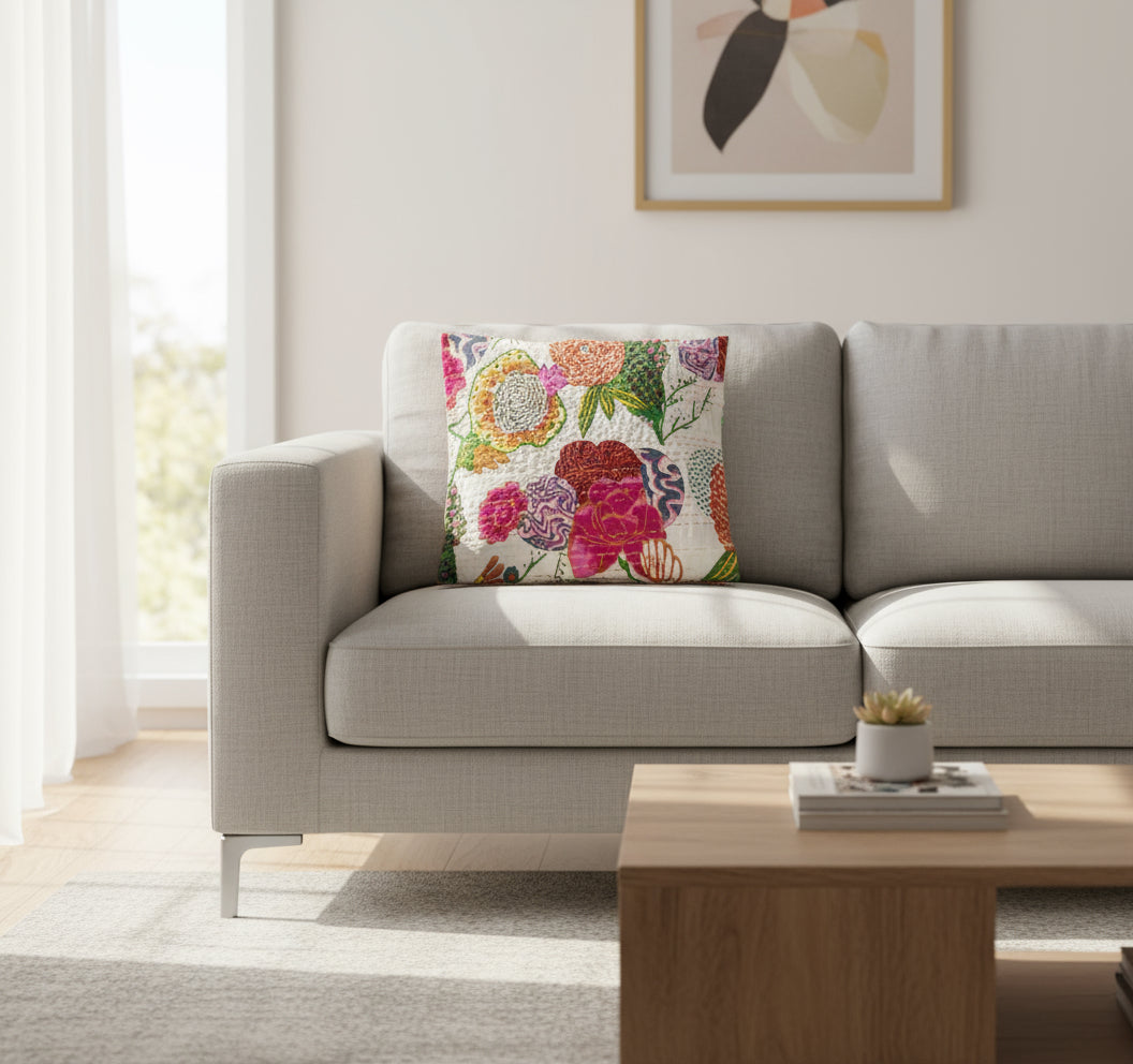 Colorful floral Kantha work cushion cover with various patterns and colors.