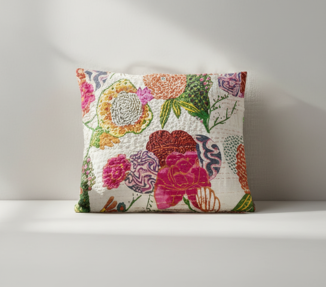 Colorful floral quilt with a person in the center on a plain background