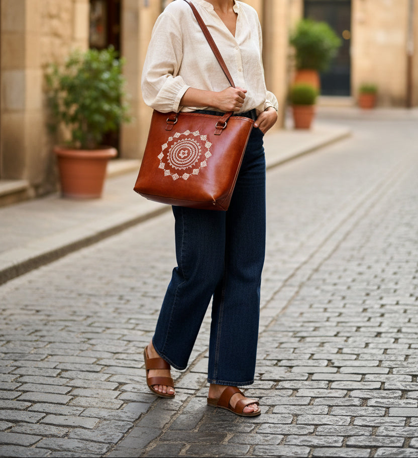 Brown Kutchi leather tote bag with decorative Kutchi pattern on a wooden surface