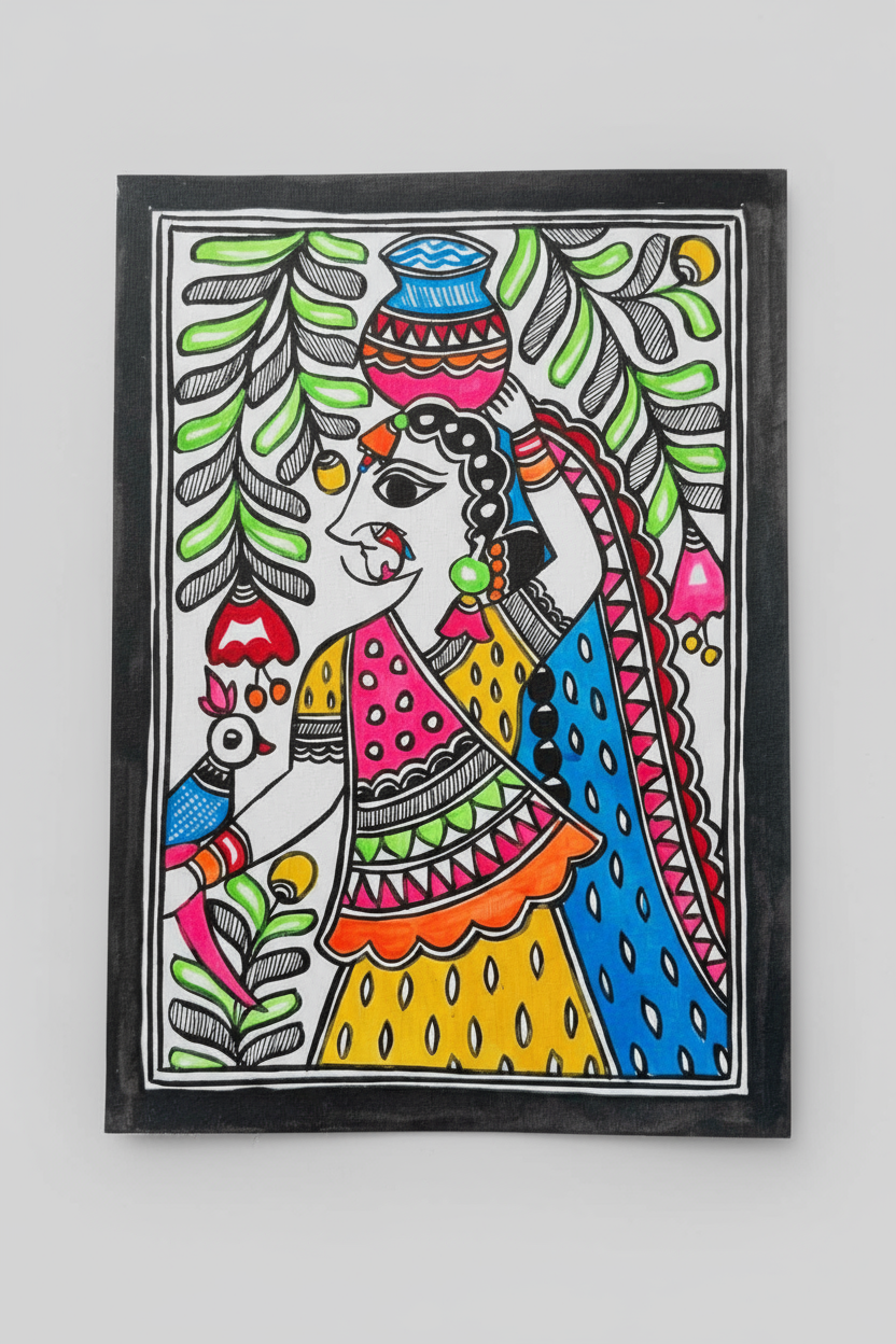 Colorful folk art painting of a woman with intricate patterns on a white background
