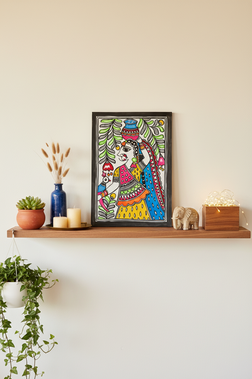 Framed colorful artwork on a wooden shelf with decorative items against a white wall.
